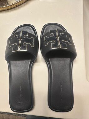 Tory Burch Black Leather Logo Slide Sandals